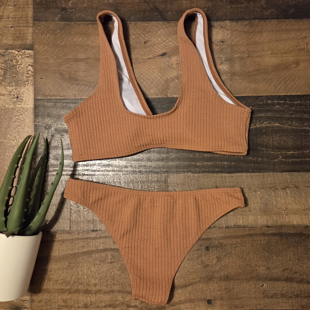 New Rust Ribbed Textured Tie Bikini Set S Small - Picture 2 of 7